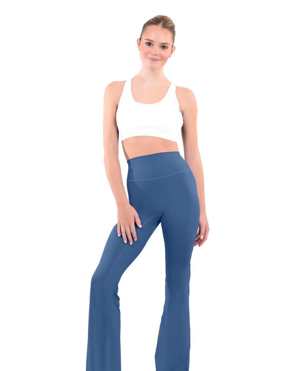 dancer in white sports bra and ash green high rise flared stretch fit pants