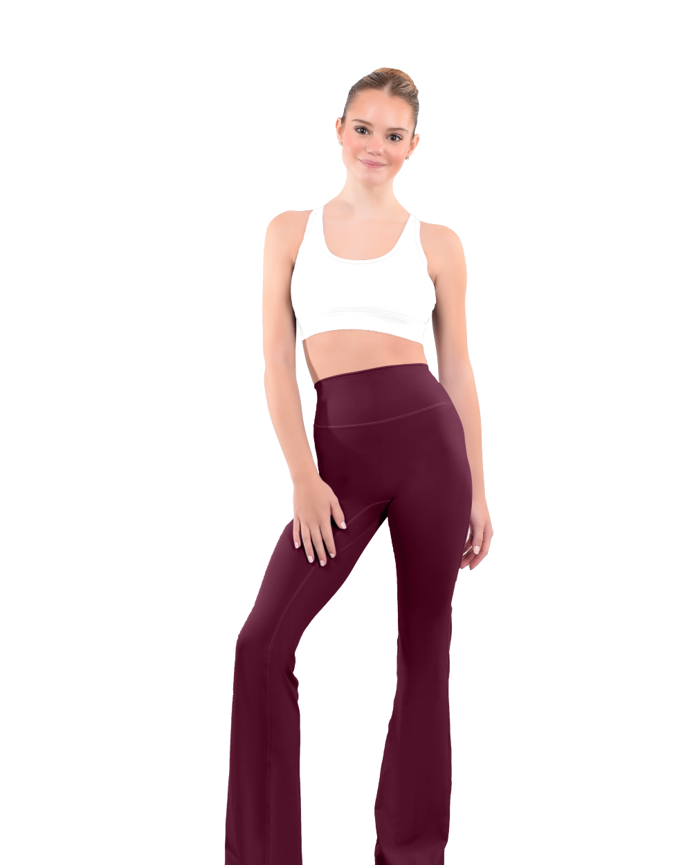 dancer in white sports bra and burgundy high rise flared stretch fit pants