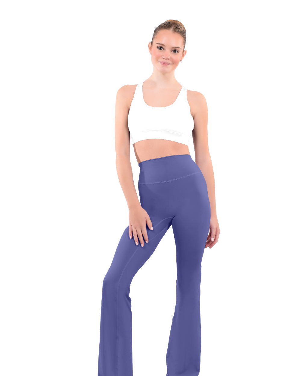 dancer in white sports bra and comet high rise flared stretch fit pants