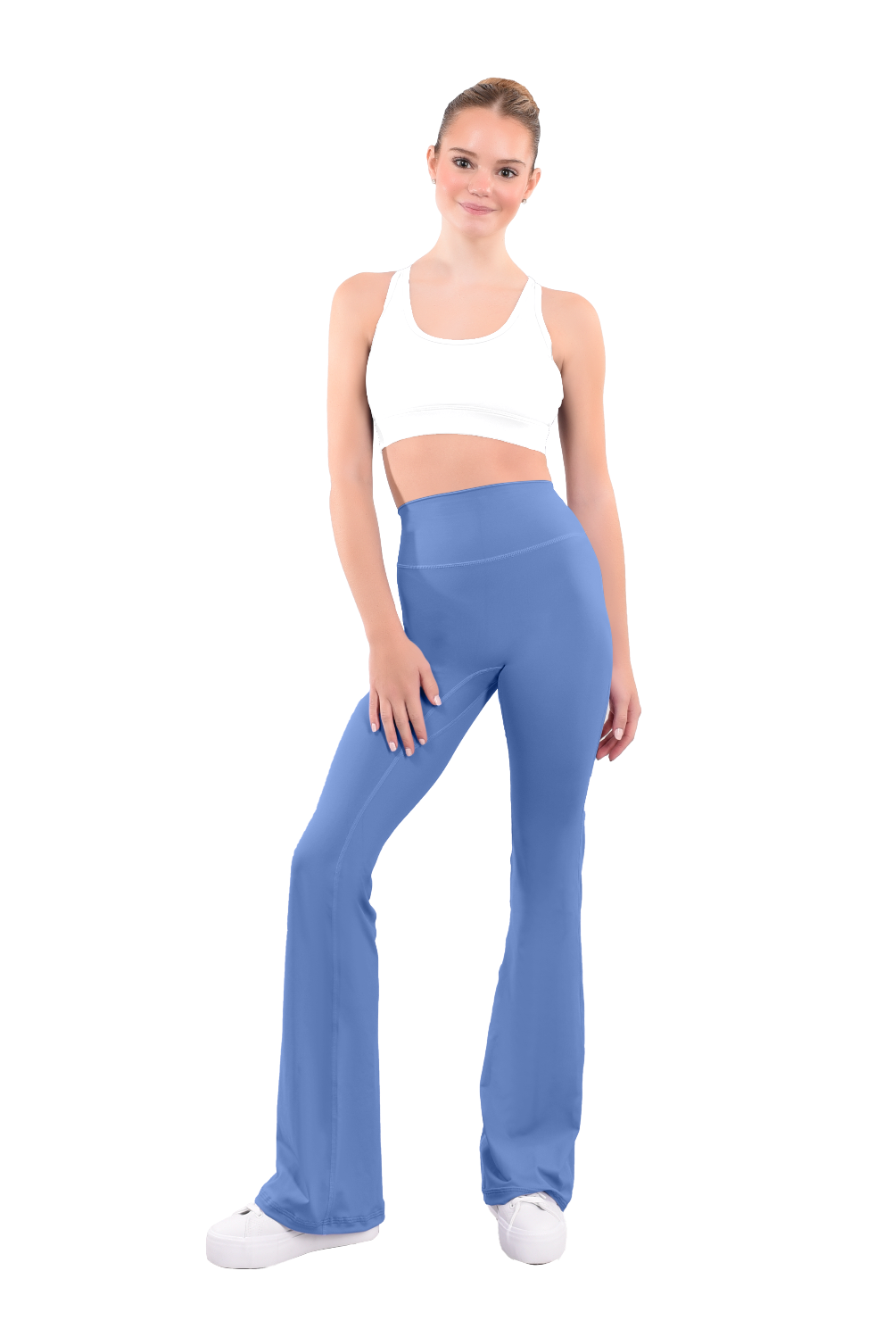 dancer in white sports bra and Glacier blue high rise flared stretch fit pants