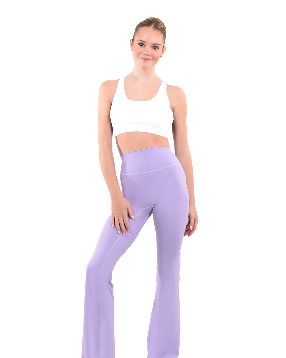 dancer in white sports bra and lavender high rise flared stretch fit pants