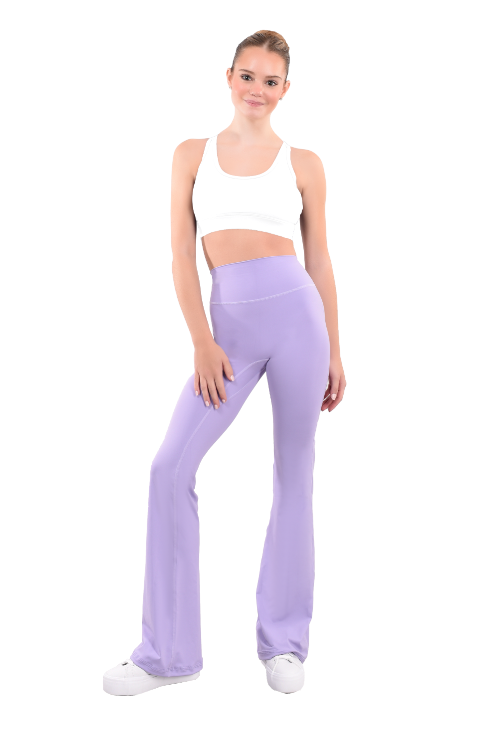 dancer in white sports bra and lavender high rise flared stretch fit pants