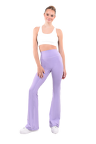dancer in white sports bra and lavender high rise flared stretch fit pants