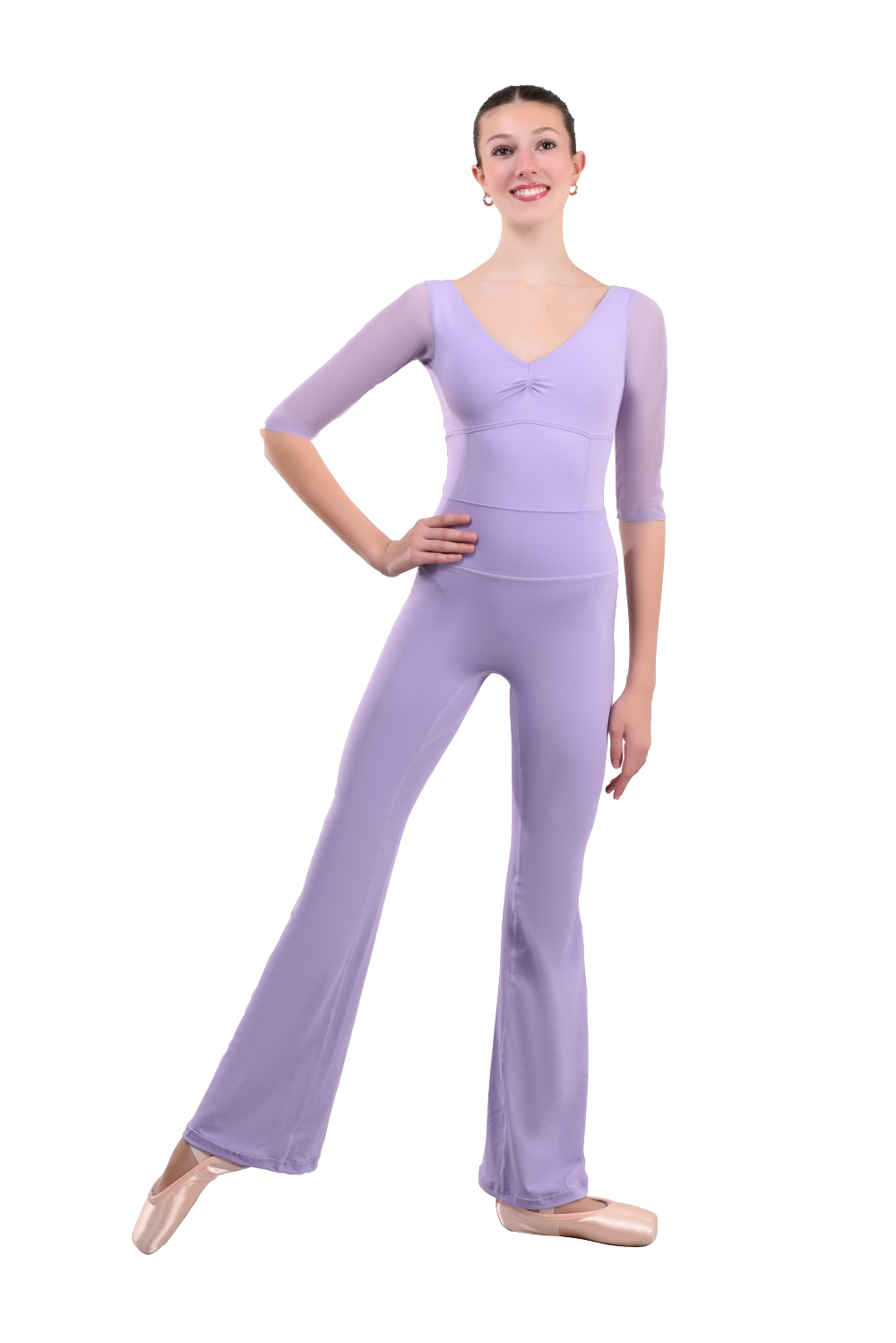 dancer in Lavender Leotard and lavender high rise flared stretch fit pants