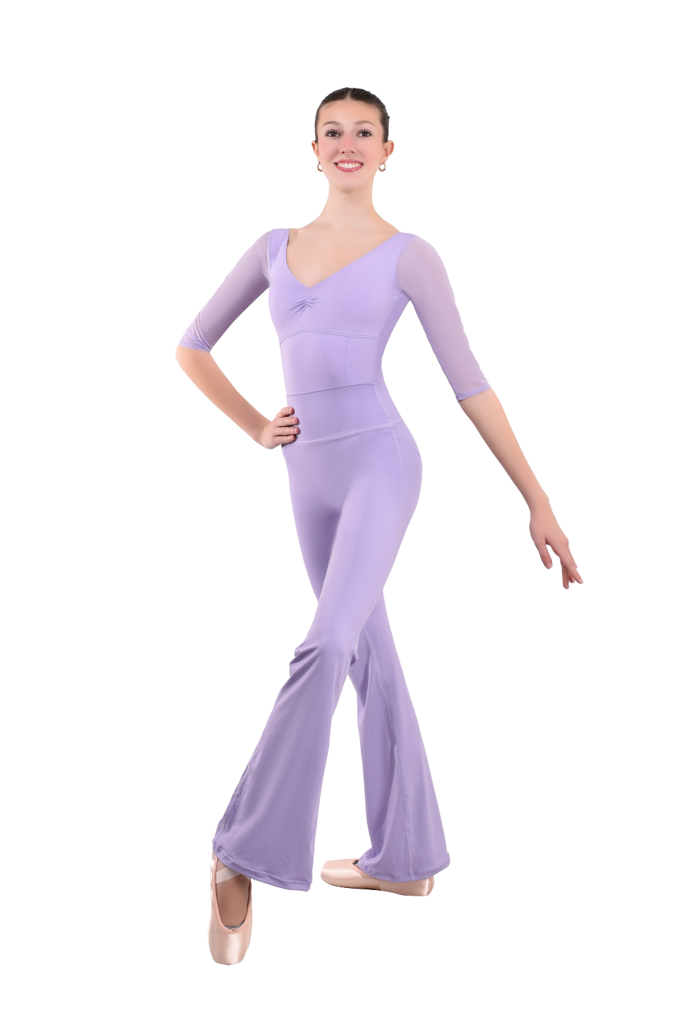 dancer in Lavender Leotard and lavender high rise flared stretch fit pants