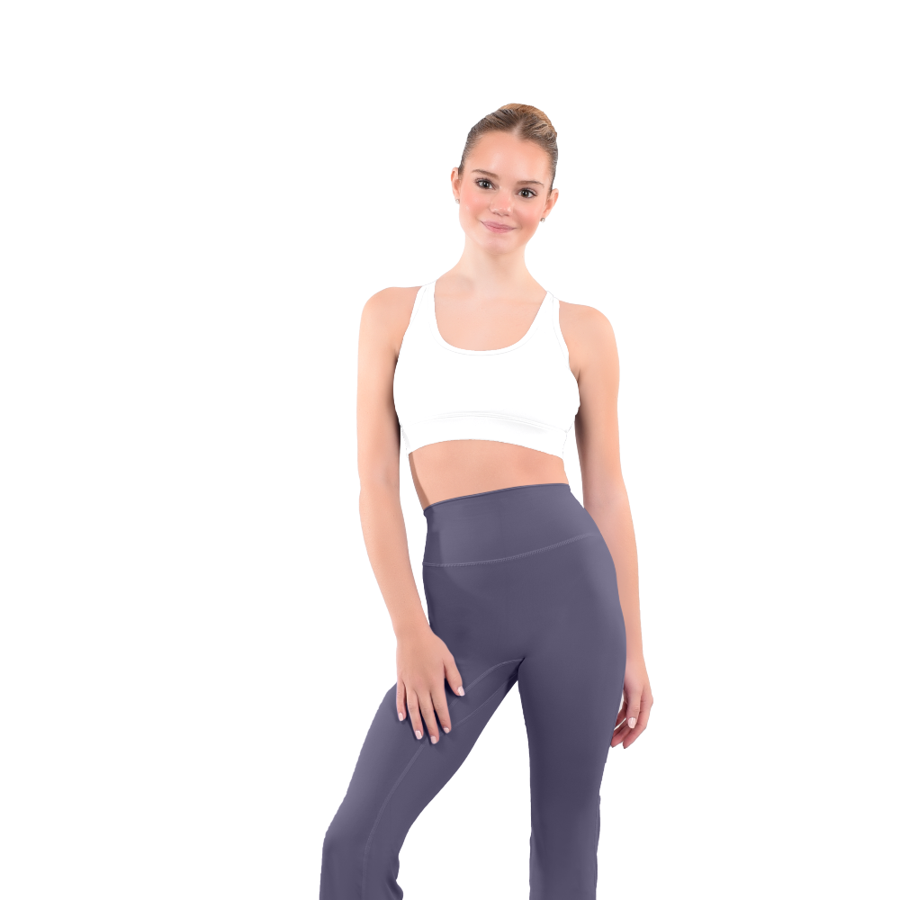dancer in white sports bra and midnight gray high rise flared stretch fit pants