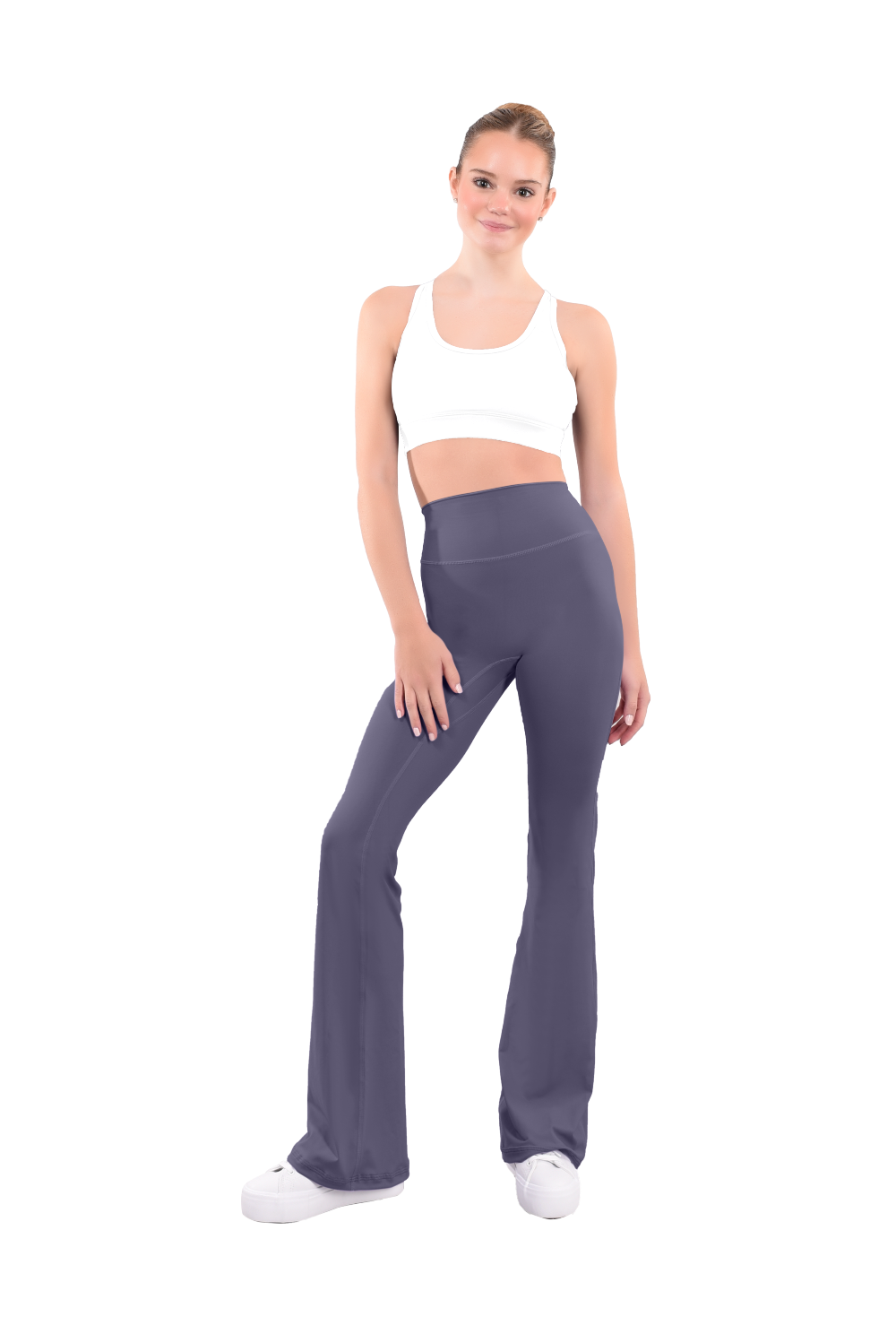 dancer in white sports bra and midnight gray high rise flared stretch fit pants