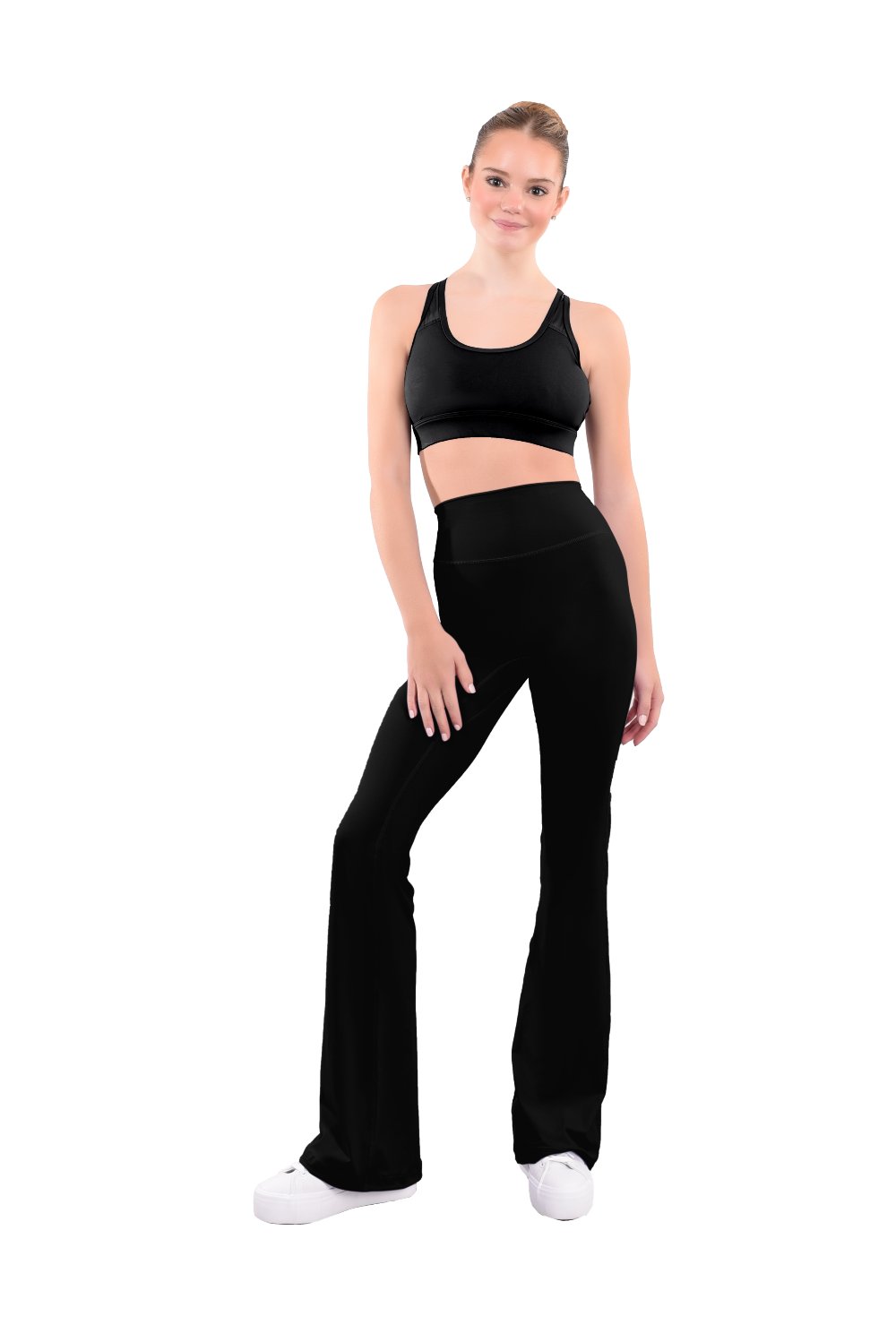 dancer in black sports bra and black high rise flared stretch fit pants