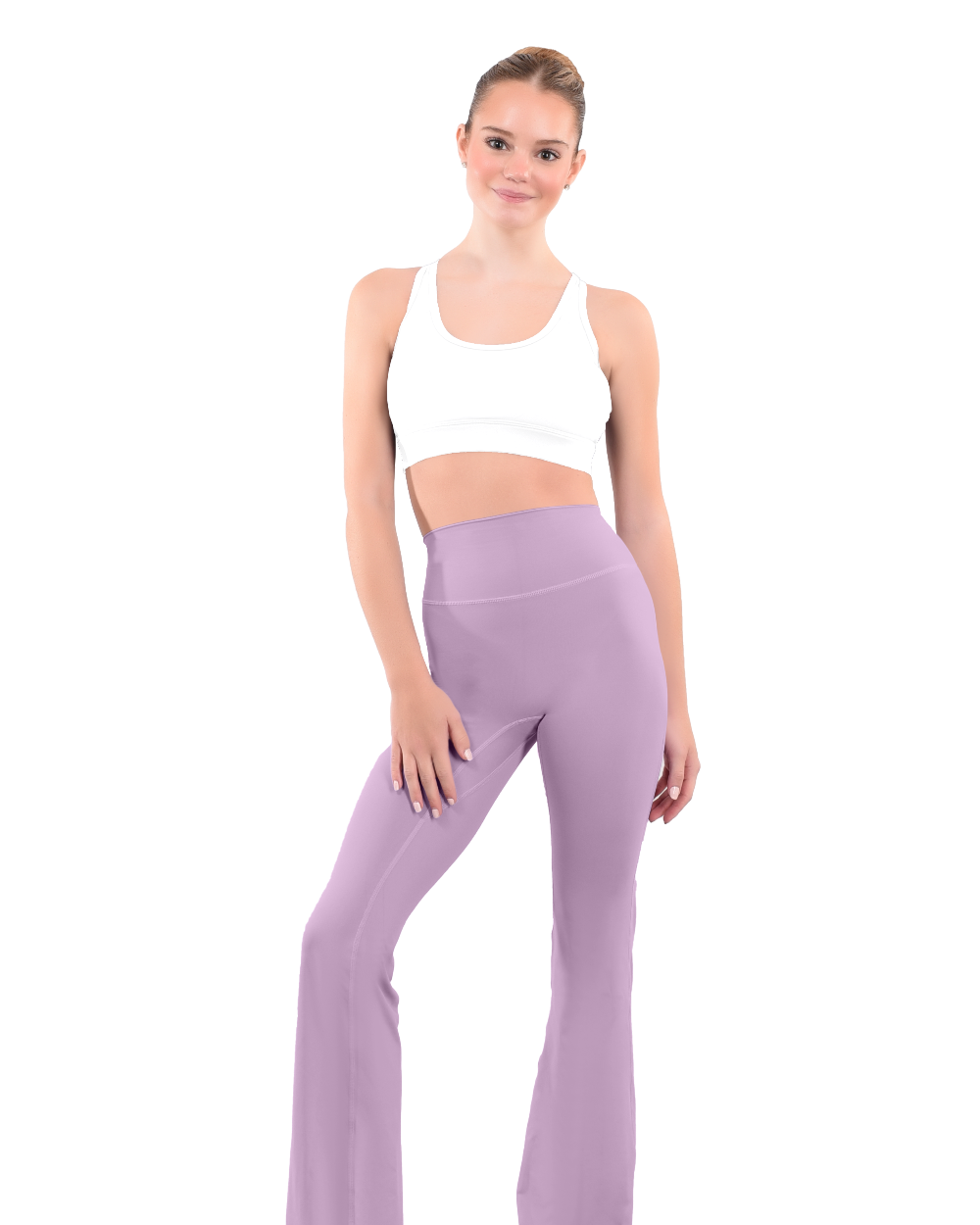 dancer in white sports bra and swan pink high rise flared stretch fit pants