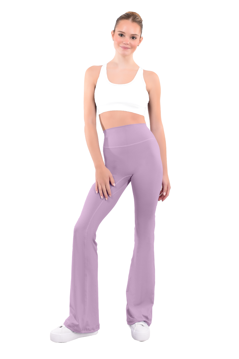 dancer in white sports bra and swan pink high rise flared stretch fit pants