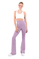 dancer in white sports bra and swan pink high rise flared stretch fit pants